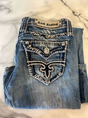 Rock Revival Women's Light Blue Embroidered Pocket Bootcut Jeans